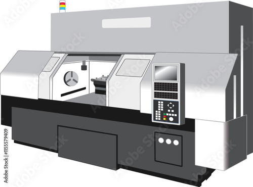NC旋盤、工作機械、製造業、工場の白黒イラスト