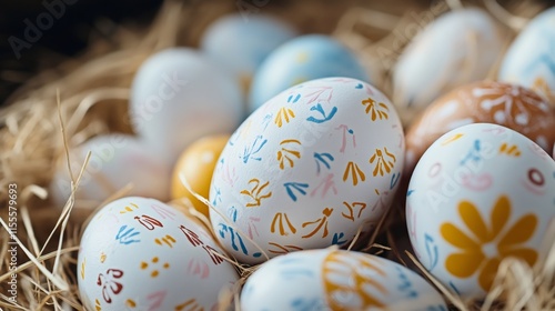 easter egg decorations, detailed image of elaborately decorated easter eggs with classic designs, arranged in straw photo