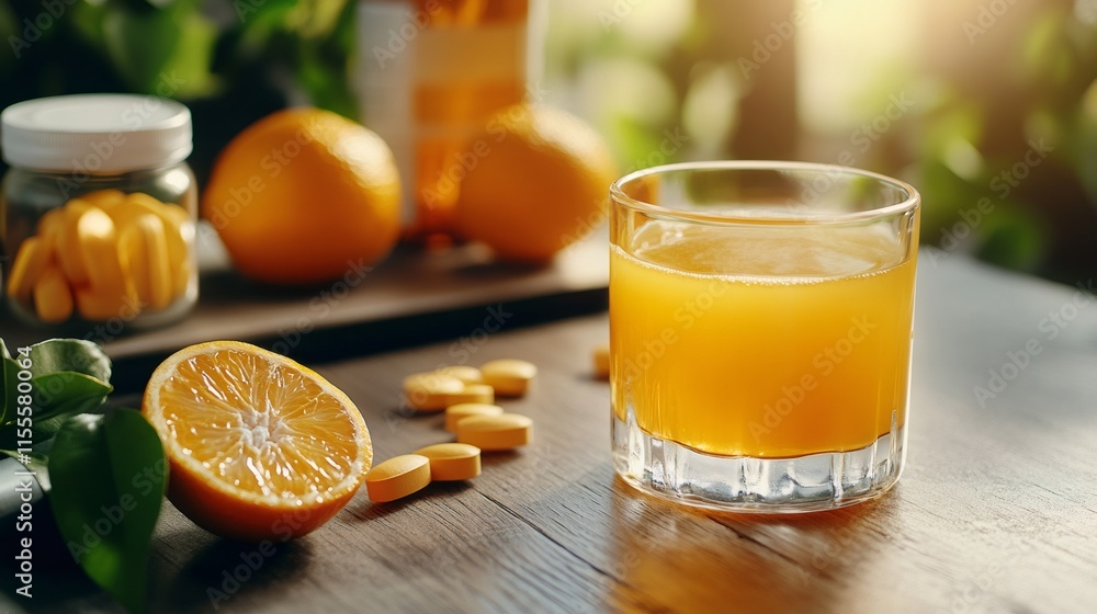 healthy morning routine, freshly squeezed orange juice and vitamin c tablets near citrus fruits on a wooden table, emanating freshness and vitality healthy morning routine, freshly squeezed orange juice and vitamin c tablets near citrus fruits on a wooden table, emanating freshness and vitality