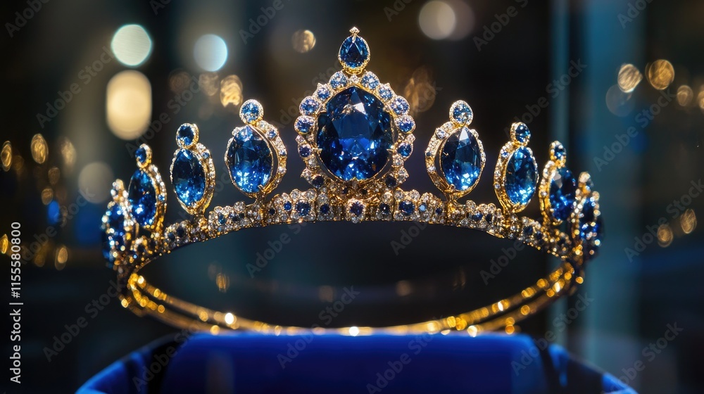 A magnificent crown with deep royal-blue jewels, displayed in a glass case with a velvet-lined interior. A magnificent crown with deep royal-blue jewels, displayed in a glass case with a velvet-lined interior.