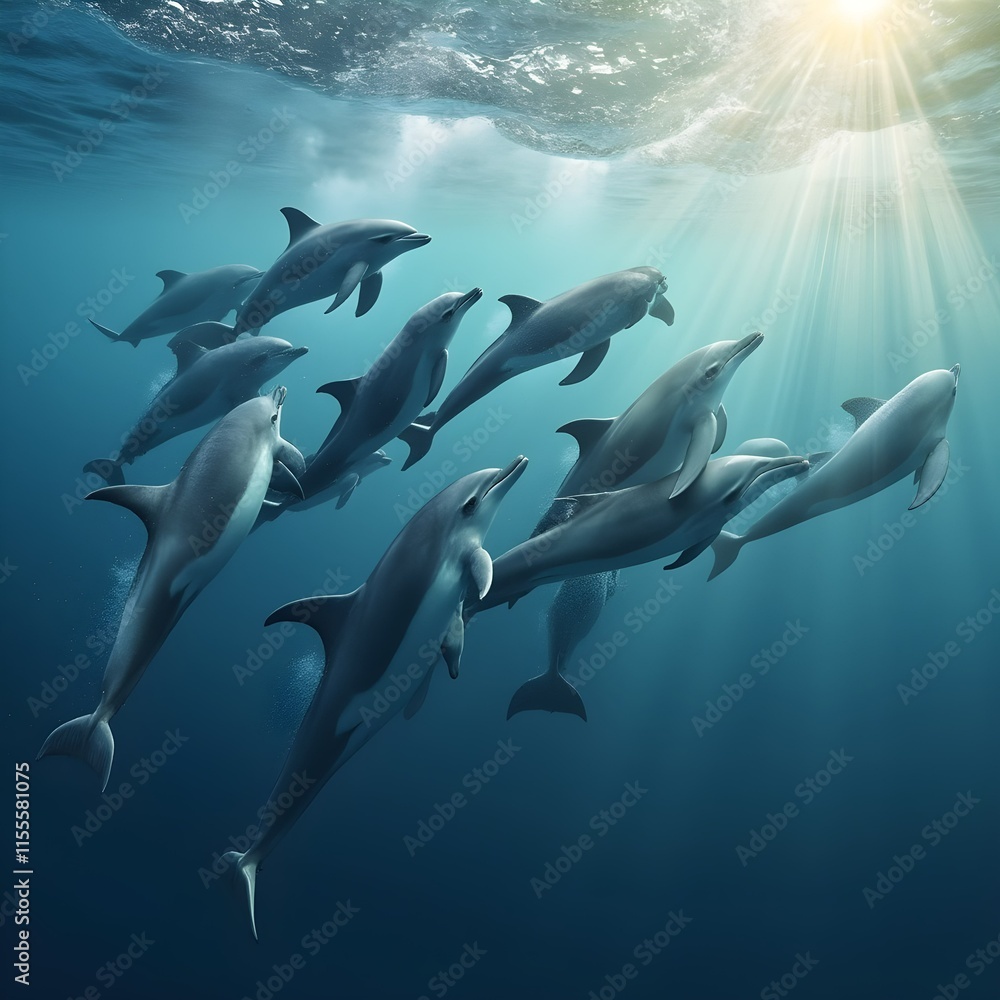 Obraz premium Dolphins Playfully Swimming Near Surface with Sunlight Filtering