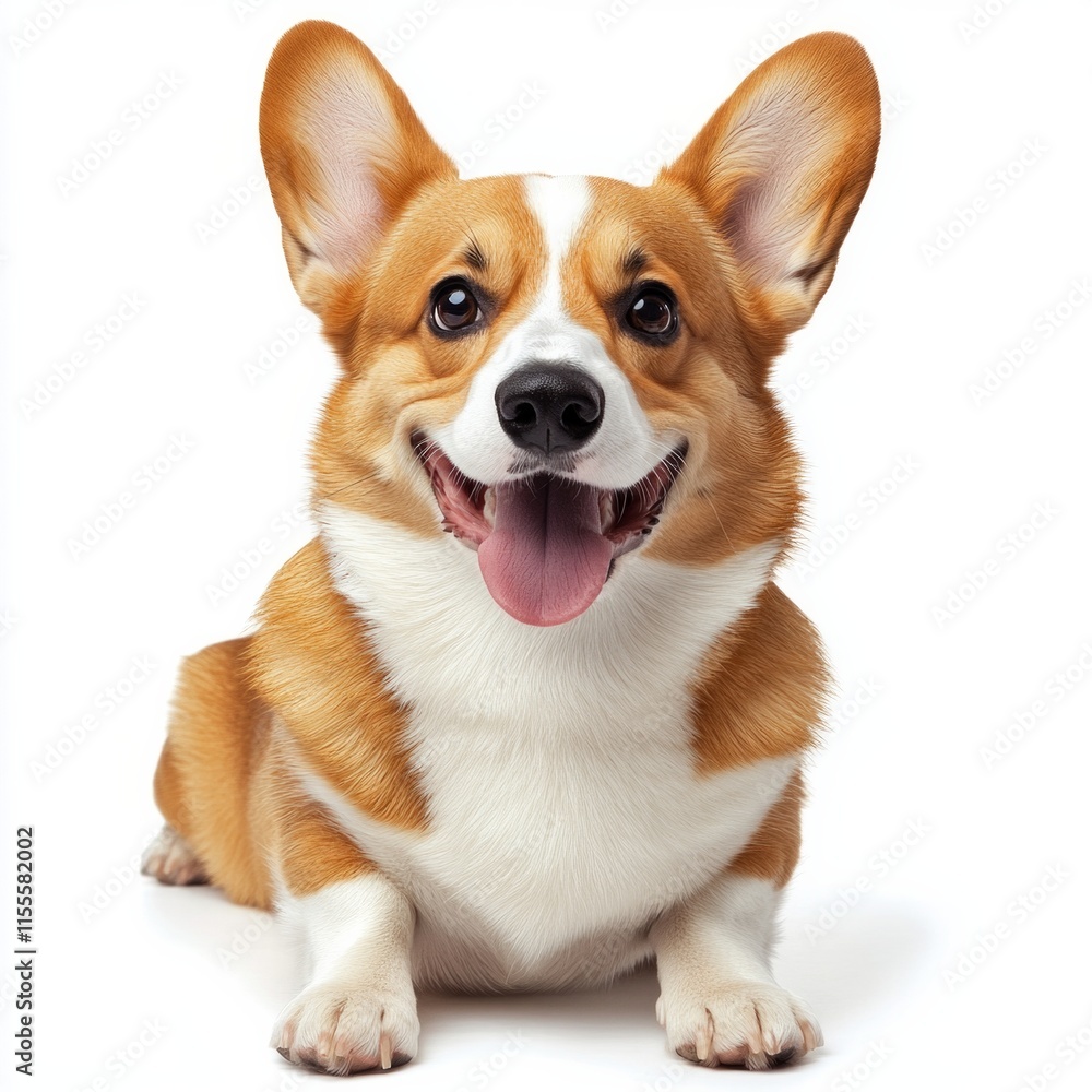 Happy corgi with floppy ears and playful expression on white background Happy corgi with floppy ears and playful expression on white background
