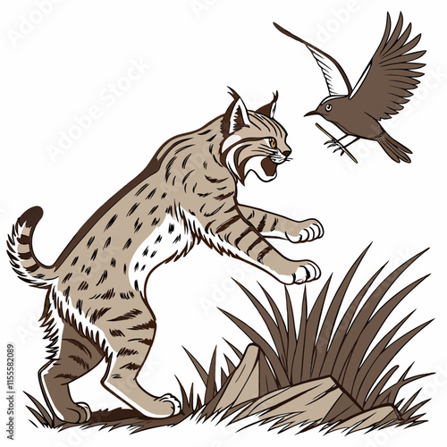 A bobcat leaps to catch a flying bird in this dynamic digital artwork, showcasing agility and nature's beauty.