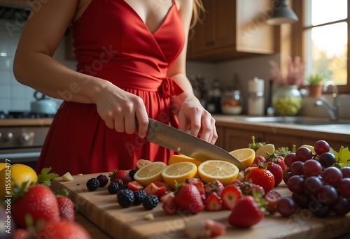 Woman in Red Dress Slicing Lemons for a Healthy Snack. Generative AI