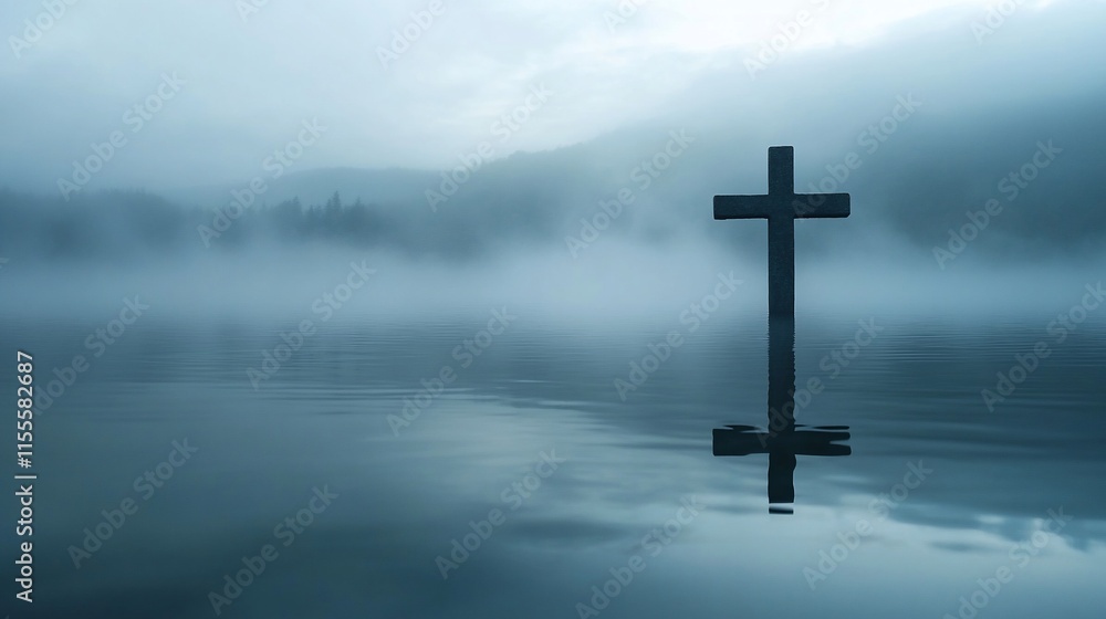 A misty lake scene featuring a cross, reflecting on calm waters. A misty lake scene featuring a cross, reflecting on calm waters.