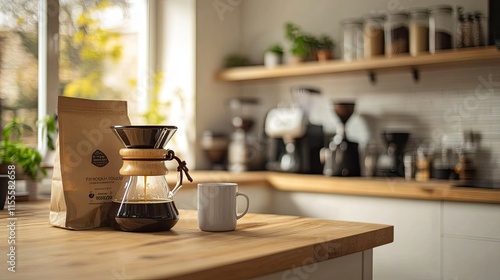 Wallpaper Mural A minimalistic coffee drip setup in a bright kitchen, with a bag of coffee beans and a mug on the side. Torontodigital.ca