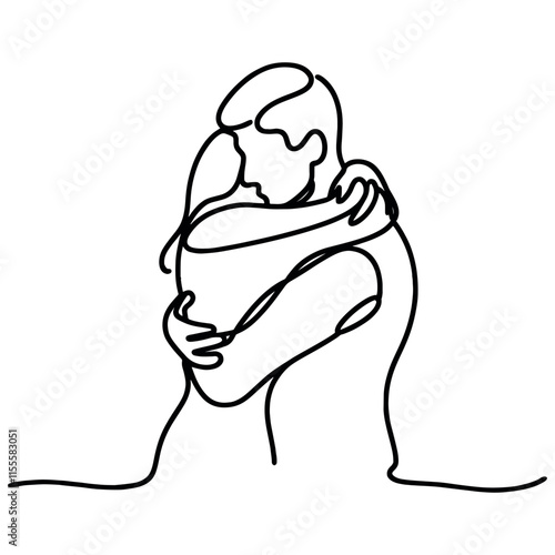 People embracing in continuous line art drawing style. One person giving the shoulder to another. Support and backing. Minimalist black linear sketch isolated on white background. Vector illustration