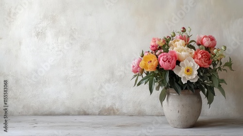 Wallpaper Mural Vibrant peony bouquet in rustic vase against textured wall. Torontodigital.ca