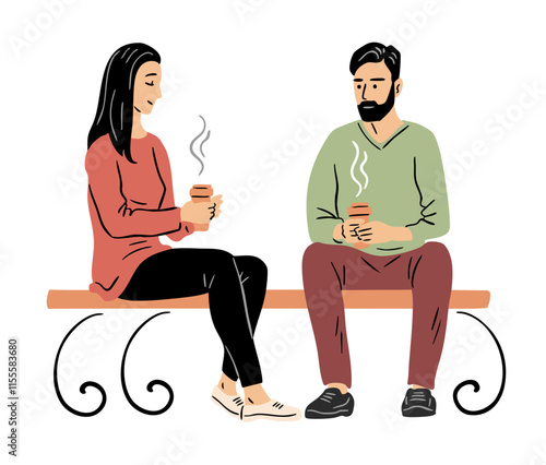 A young couple is resting on a bench. A man and a girl are drinking coffee. People lifestyle, recreation and leisure. Happy family. Flat vector art illustration isolated on white background