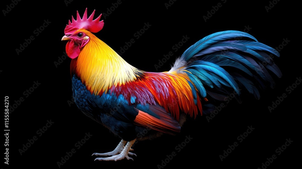 Fototapeta premium Colorful rooster profile against black background.