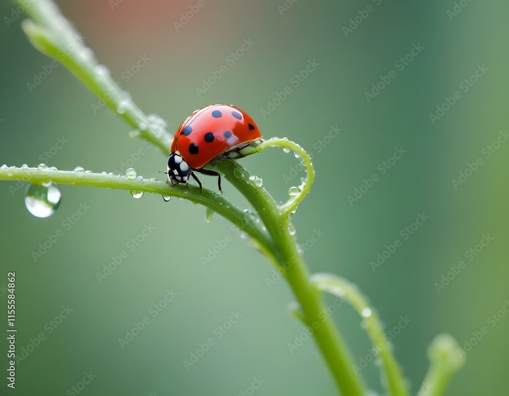 Macro Photography Ladybug on a Curled Green Stem in Stunning Detail Macro Photography Ladybug on a Curled Green Stem in Stunning Detail