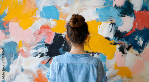 A person stands with their back to a vibrant, abstract wall painting featuring a mix of colors like blue, yellow, and pink. photo