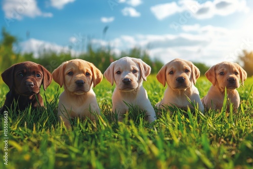 Cute puppies sitting together in lush grass during golden hour in an open field