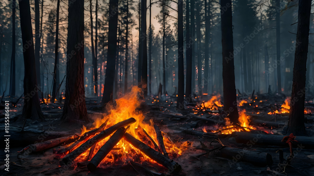 Fiery Forest Inferno: A Burning Landscape of Charred Trees and Smoldering Embers at Dusk Fiery Forest Inferno: A Burning Landscape of Charred Trees and Smoldering Embers at Dusk