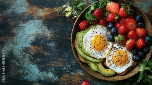 Healthy breakfast bowl with eggs, avocado, and fresh fruits on wooden table