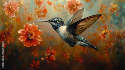 Hummingbird hovering among vibrant orange flowers in a colorful garden setting