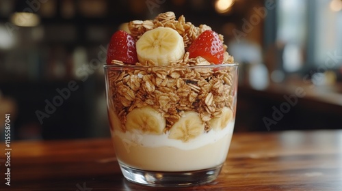 Delicious berry parfait with granola and yogurt served in a cozy kitchen setting