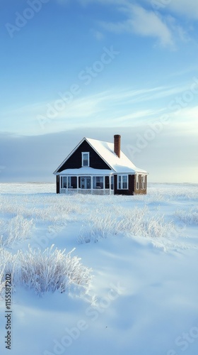 Snow-covered house in a vast winter landscape surrounded by a soft gray sky