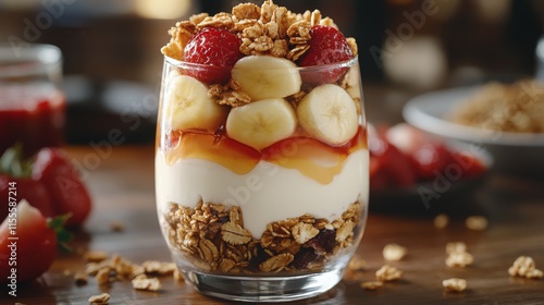 Delicious berry parfait with granola and yogurt served in a cozy kitchen setting
