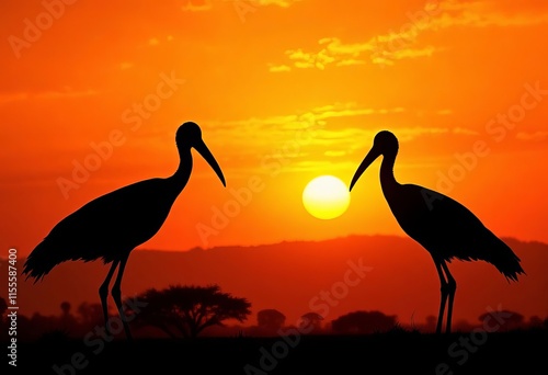 Sunset Silhouette: Two Birds Facing Sun photo