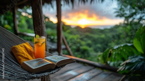 Relaxing with a cocktail and a book in a tranquil outdoor setting at sunset