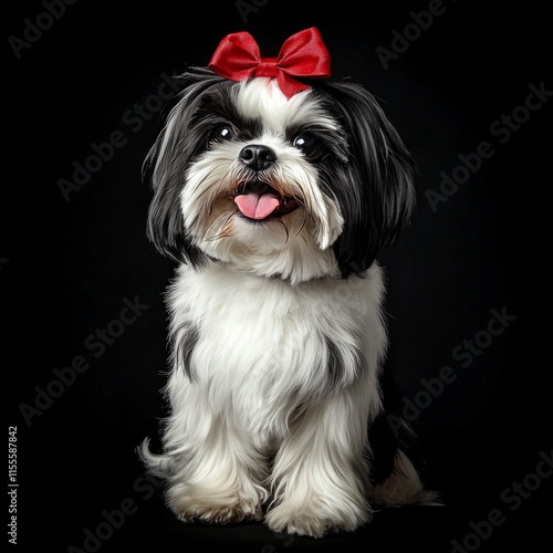 Adorable shih tzu with red bow on black background photo