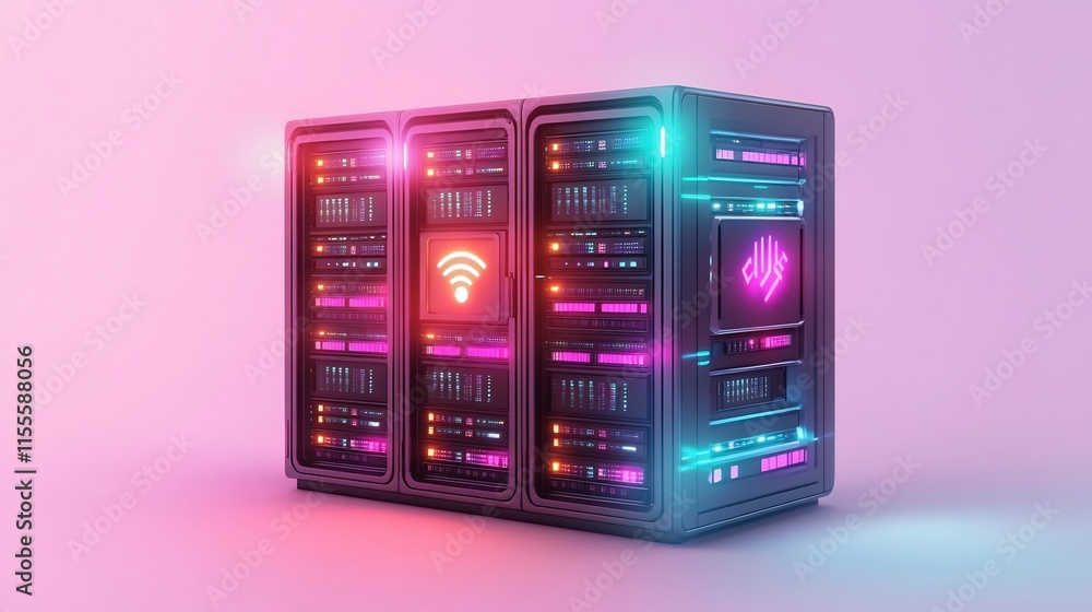 Futuristic Neon Lit Server Cabinet in Sci Fi Digital Data Center Futuristic Neon Lit Server Cabinet in Sci Fi Digital Data Center