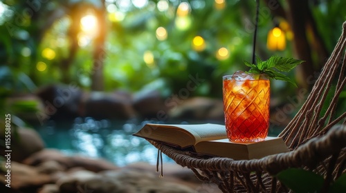 Relaxing with a cocktail and a book in a tranquil outdoor setting at sunset