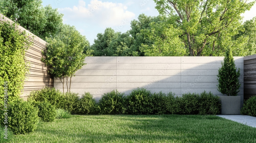 A minimalist prefab concrete wall with clean horizontal lines, serving as a boundary for a modern garden. A minimalist prefab concrete wall with clean horizontal lines, serving as a boundary for a modern garden.