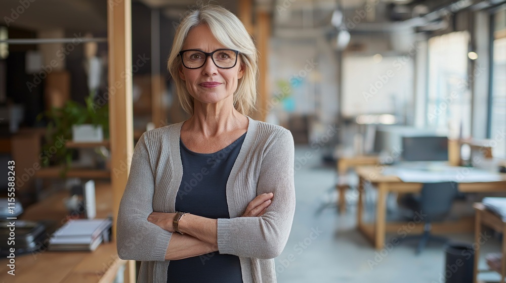 Inside a vibrant office, a confident businesswoman stands with arms crossed, exuding professionalism and expertise. Her stylish appearance complements the modern workspace around her Inside a vibrant office, a confident businesswoman stands with arms crossed, exuding professionalism and expertise. Her stylish appearance complements the modern workspace around her