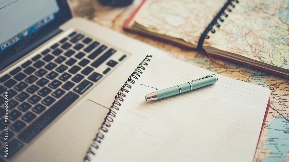 Laptop, notebook, pen, and maps for travel planning. Laptop, notebook, pen, and maps for travel planning.
