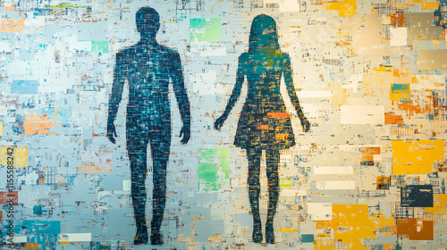 Hologram equality. A man and a woman on a scale of polygons, triangles of dots and lines. Equality is a low-poly compound structure. Technology concept vector.