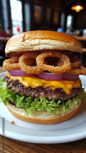 Delicious burger topped with shrimp and cheese in a cozy diner setting
