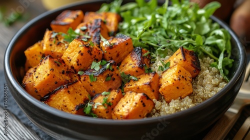 Grilled squash and quinoa salad featuring vibrant greens and roasted sweet po...