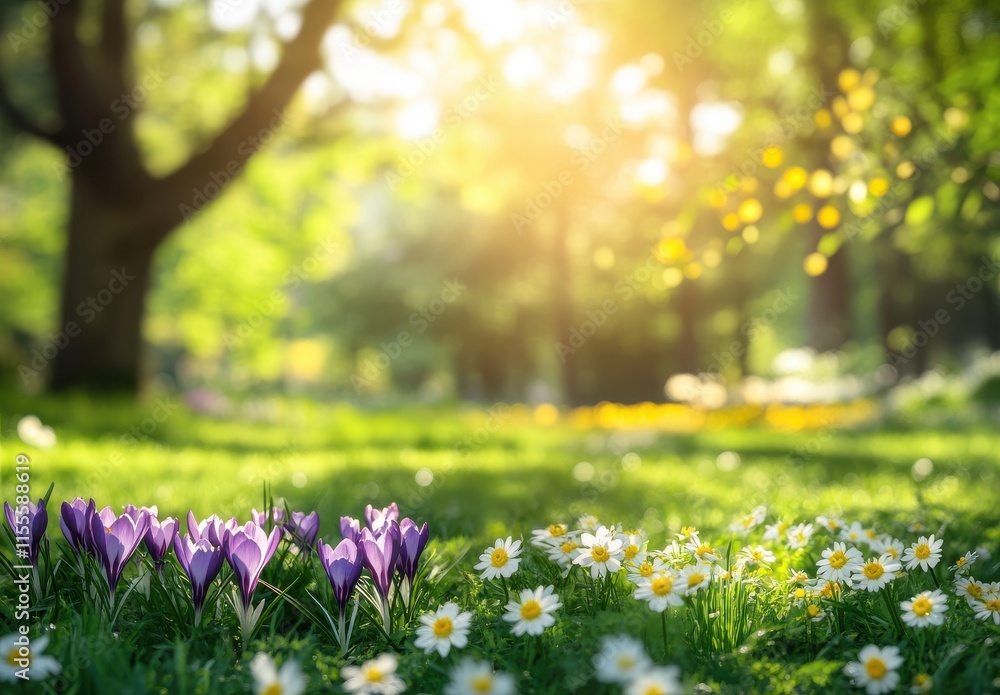 Obraz premium Beautiful Spring Garden Scene with Purple Crocus Flowers and White Daisies in Soft Focus, Illuminated by Warm Sunshine Filtering Through Green Leaves