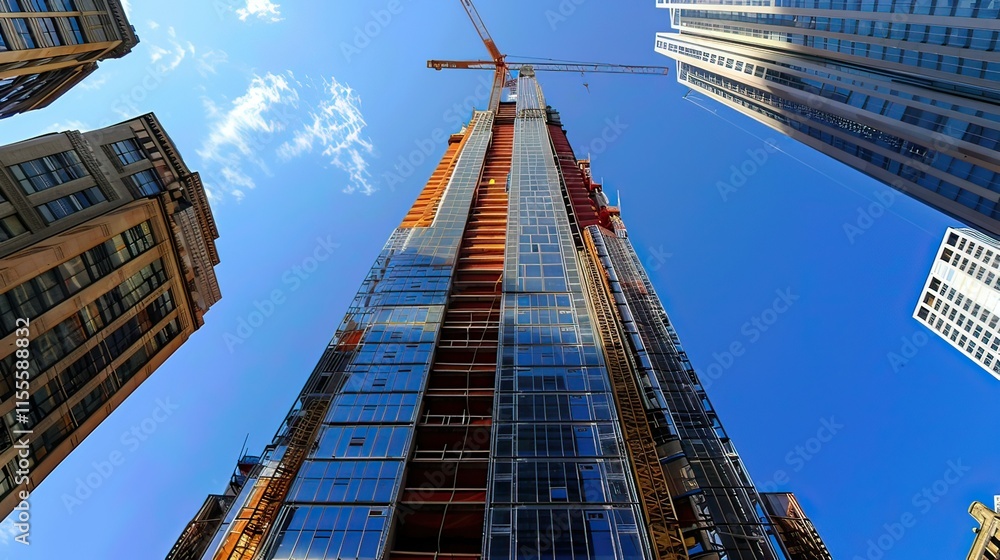 A tall building under construction with a crane visible at the top. A tall building under construction with a crane visible at the top.