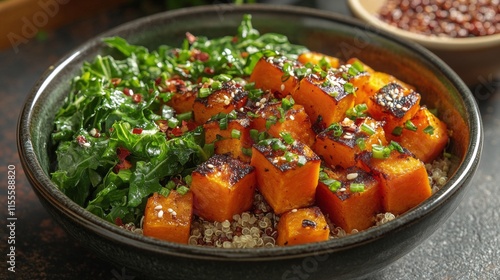 Grilled squash and quinoa salad featuring vibrant greens and roasted sweet po...
