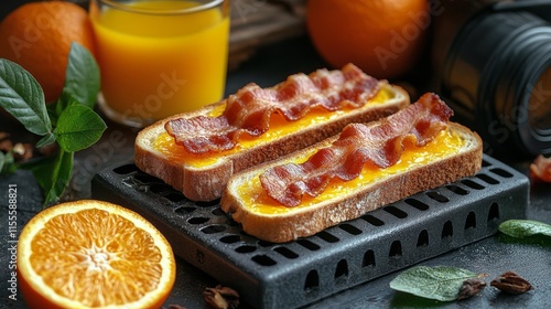 Delicious breakfast platter featuring scrambled eggs, bacon, toast, and green...