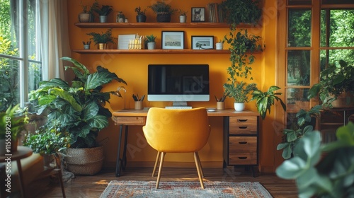 Cozy home office corner with bookshelves and natural light during a serene af...