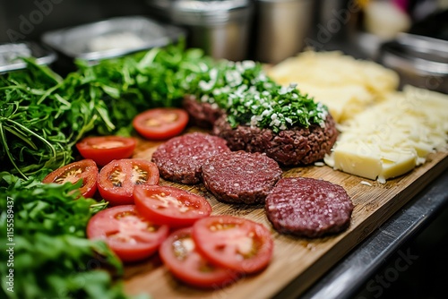 Freshly prepared hamburger on a wooden board with lettuce and tomato in a kit...