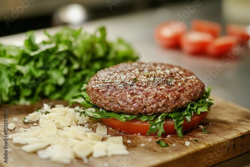 Freshly prepared hamburger on a wooden board with lettuce and tomato in a kit...