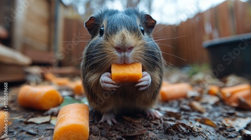 Cute guinea pig holding a carrot on a light blue background in a playful moment