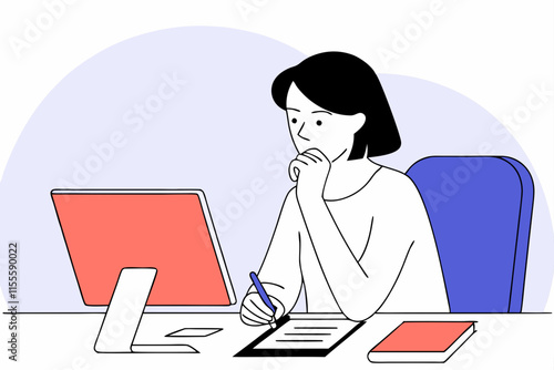 Thoughtful businesswoman with hand on chin sitting at desk and working at office
