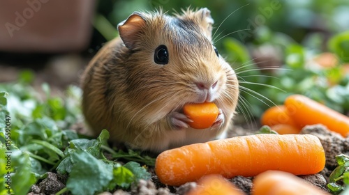 Cute guinea pig holding a carrot on a light blue background in a playful moment