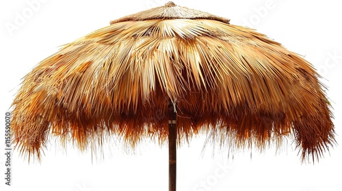 A beach umbrella made of tropical thatch with a white backdrop, Generative Ai. photo