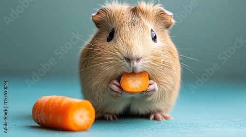 Cute guinea pig holding a carrot on a light blue background in a playful moment