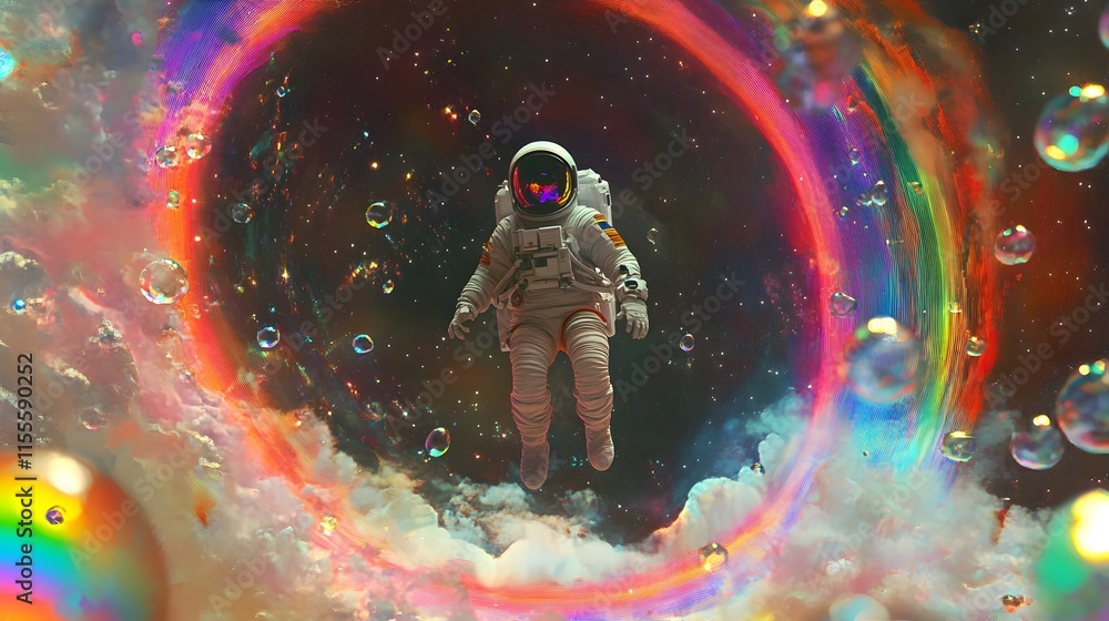 A lone astronaut floats through a cosmic scene, with a vivid rainbow ring and bubbles around, set against a nebula backdrop, portraying an imaginative space adventure. AI generated.
A lone astronaut floats through a cosmic scene, with a vivid rainbow ring and bubbles around, set against a nebula backdrop, portraying an imaginative space adventure. AI generated.