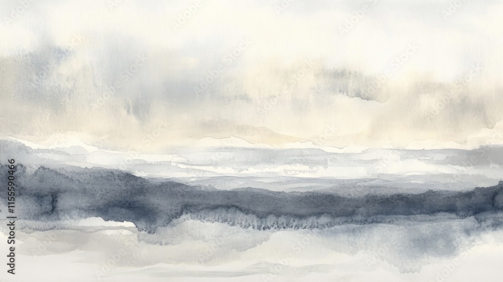 Fototapeta premium Abstract watercolor landscape painting in calming blue and beige tones.