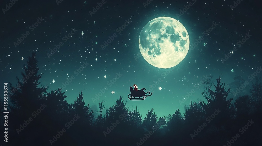 Naklejka premium Enchanting Winter Wonderland with Glowing Moon and Silhouetted Forest