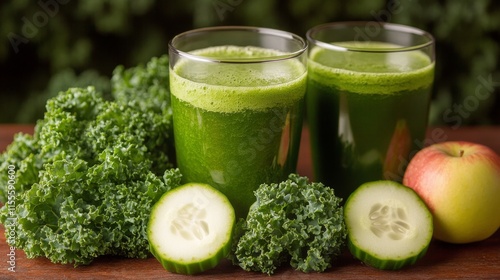 Refreshing green smoothie ingredients displayed on a wooden surface with kale...